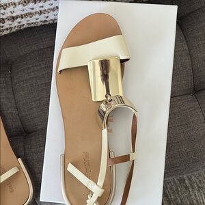 See By Chloe. Cute Women’s Cream and Gold Leather T-Strap Sandals